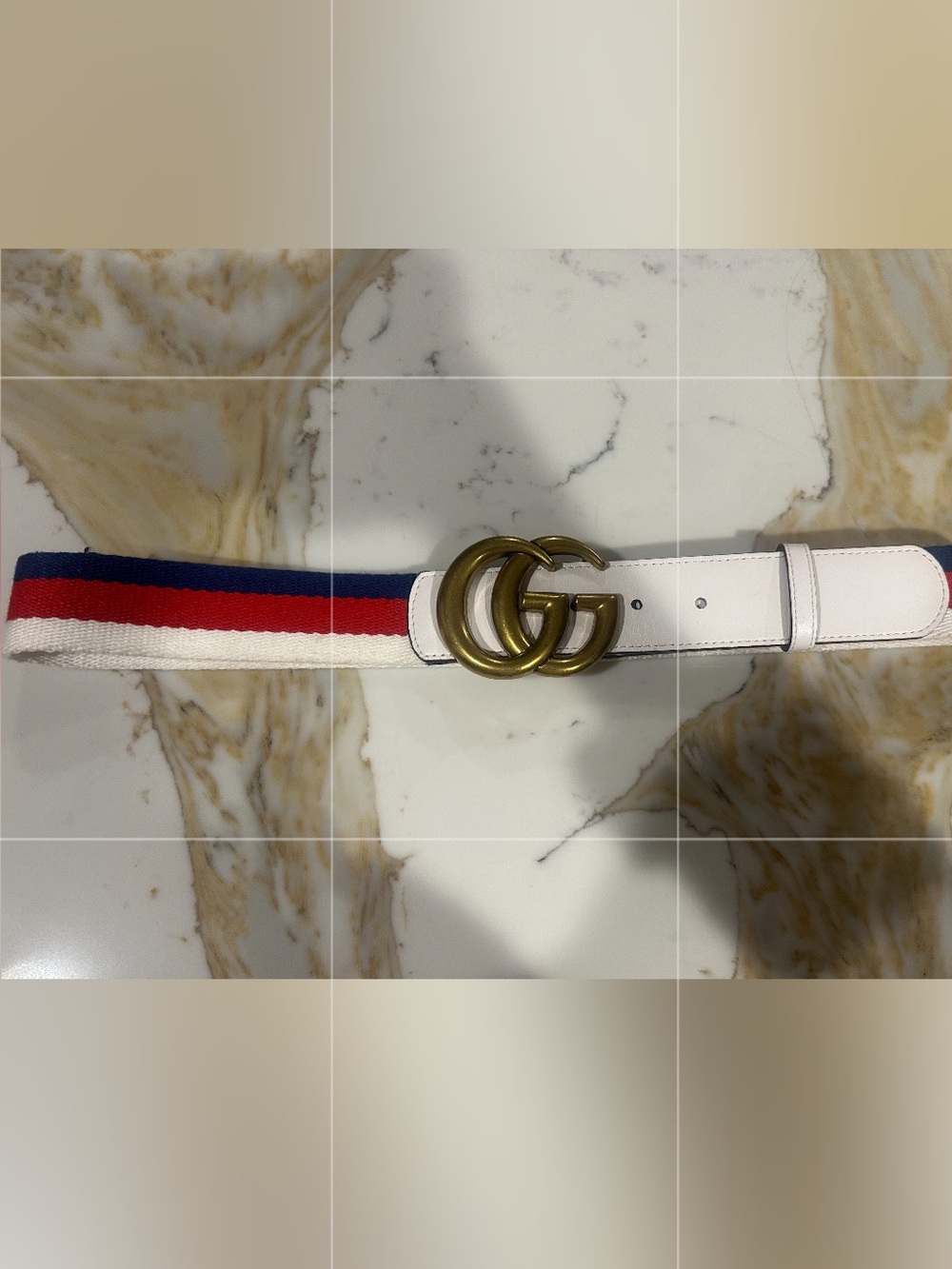 Vintage: Gucci White Belt with Red and Blue Web and Double G Buckle
